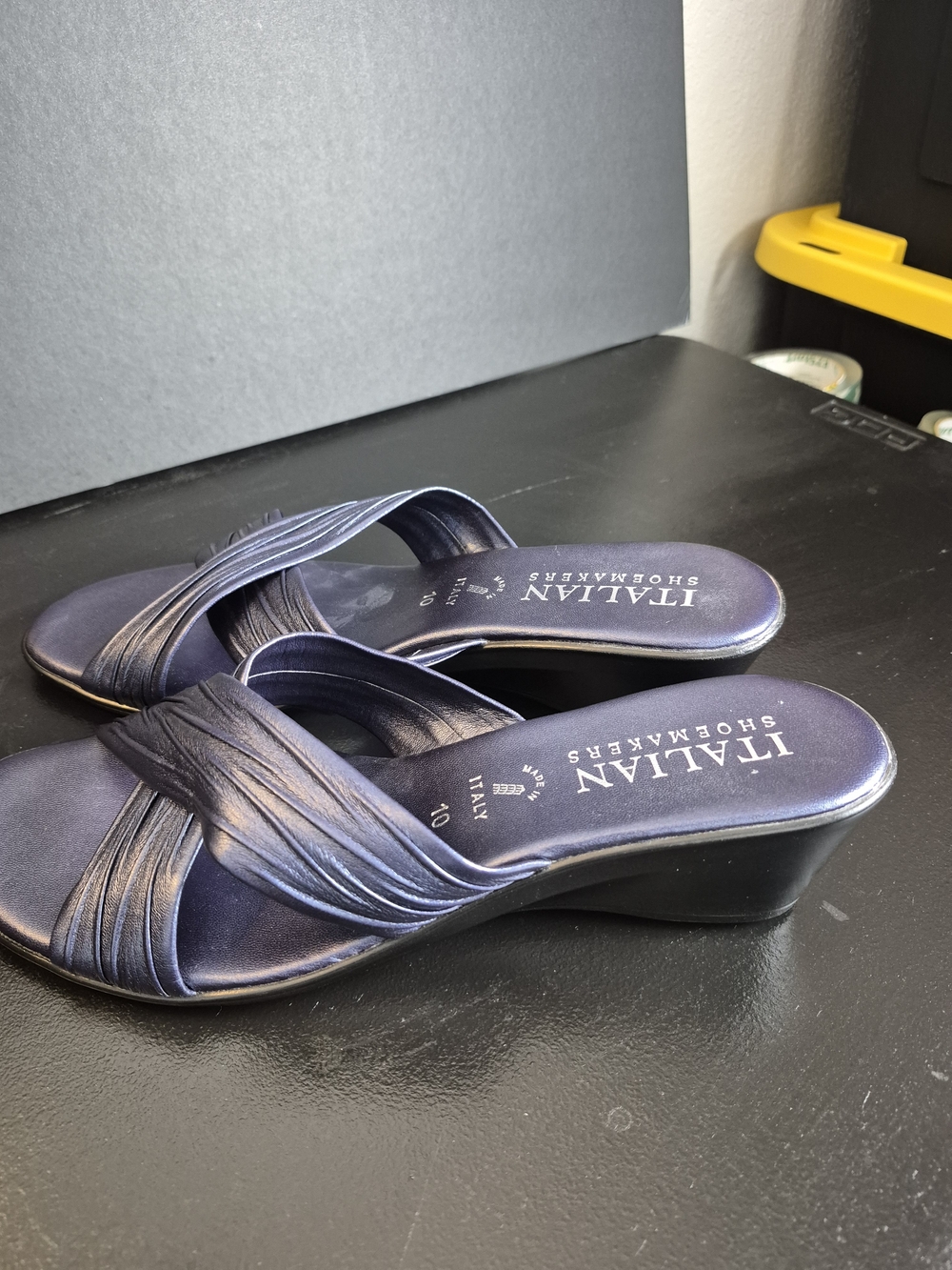 Italian Shoemakers Dark Blue Twist Strap Wedge Mules Size 10